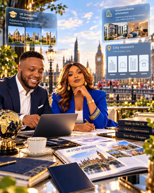 Two people researching UK study options at a desk, with a city view behind them.