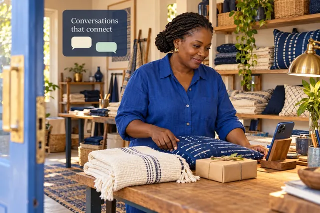 A woman preparing a parcel and checking a phone at a shop counter.