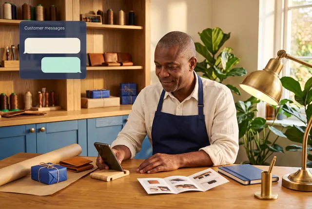 A man in an apron checking a phone at a workshop desk with product samples.