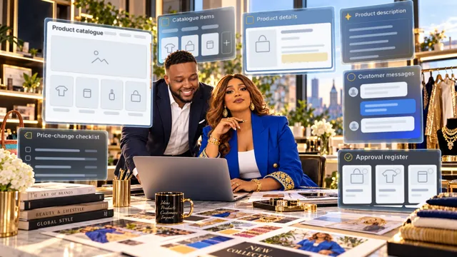 Two people at a shared desk reviewing product and catalogue information on illustrative panels.