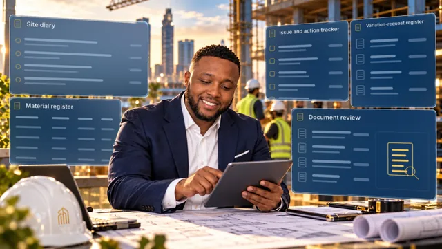 A man reviewing documents on a tablet at a desk, with illustrative project documentation panels behind him.