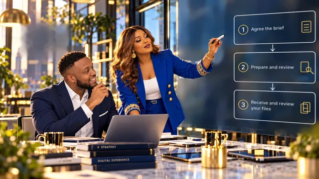 Two colleagues at a desk beside an illustrative three-step process diagram.
