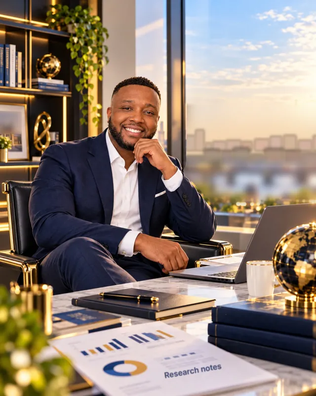 A man in a navy suit seated at a desk in an office with a softly blurred view.