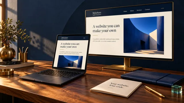 A website mock-up shown on a desktop monitor and a laptop beside a notebook.
