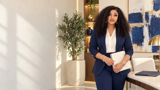 A woman in a navy suit holding a folder in a light office.