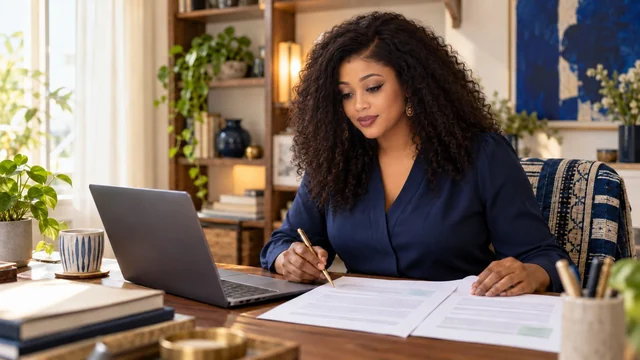A woman checking printed documents beside a laptop at a desk.