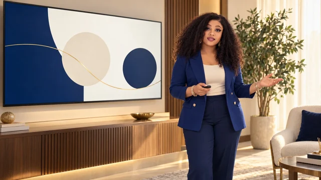 Illustration of a woman presenting beside a navy and cream abstract screen.