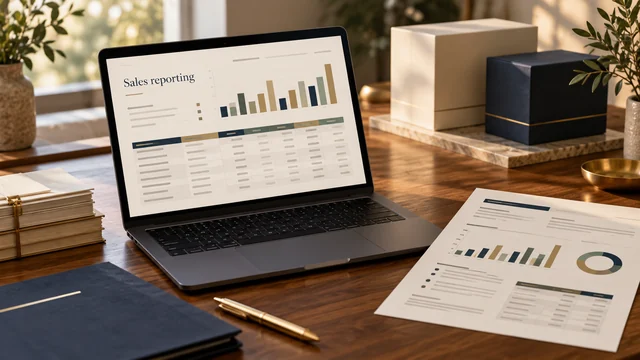 An illustrative sales reporting workbook on a laptop beside printed charts.