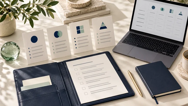 Illustrative software comparison sheets beside a laptop, tablet and notebook.