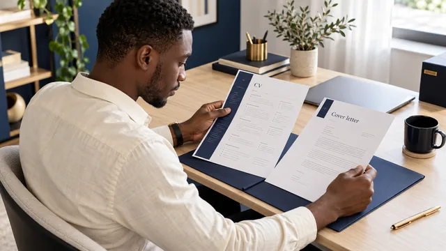 Illustration of a professional reviewing a CV and matching cover letter at a desk.