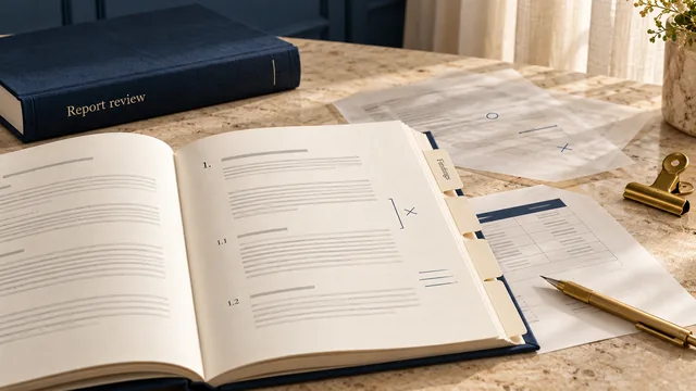 Illustration of an organised report with section tabs, review marks and an evidence table.