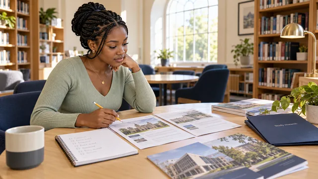 Illustration of a prospective student comparing course information and research notes in a library.